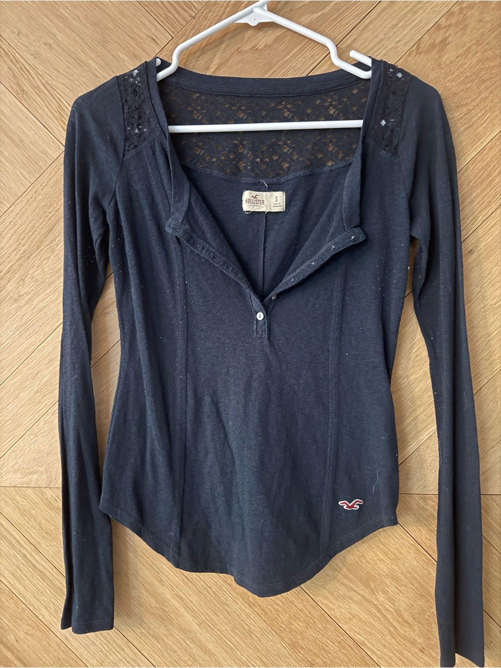 Hollister Navy Blue Lace-Yoke Long Sleeve Henley Top